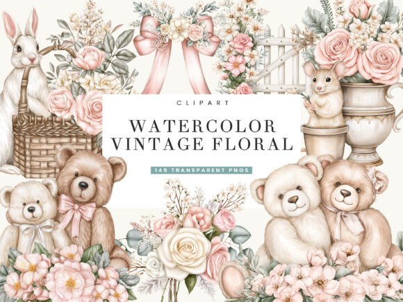 Watercolor Vintage Floral Clipart Bundle