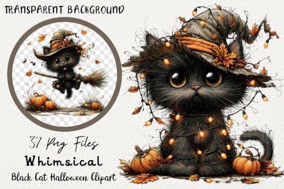 Whimsical Black Cat Halloween Clipart