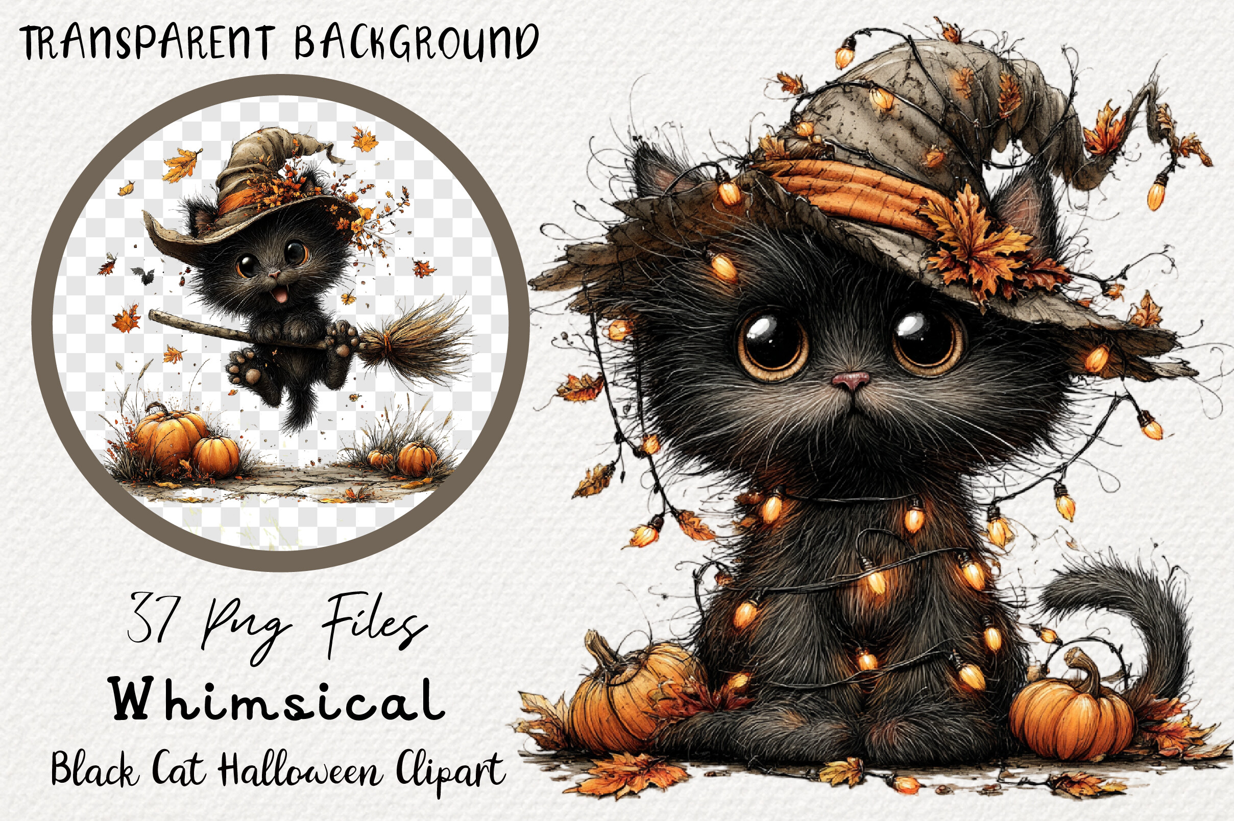 Whimsical Black Cat Halloween Clipart