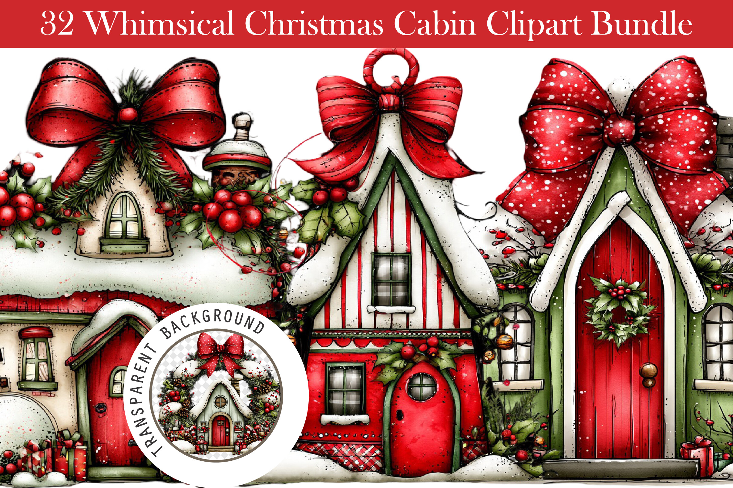 Whimsical Christmas Cabin Clipart Bundle