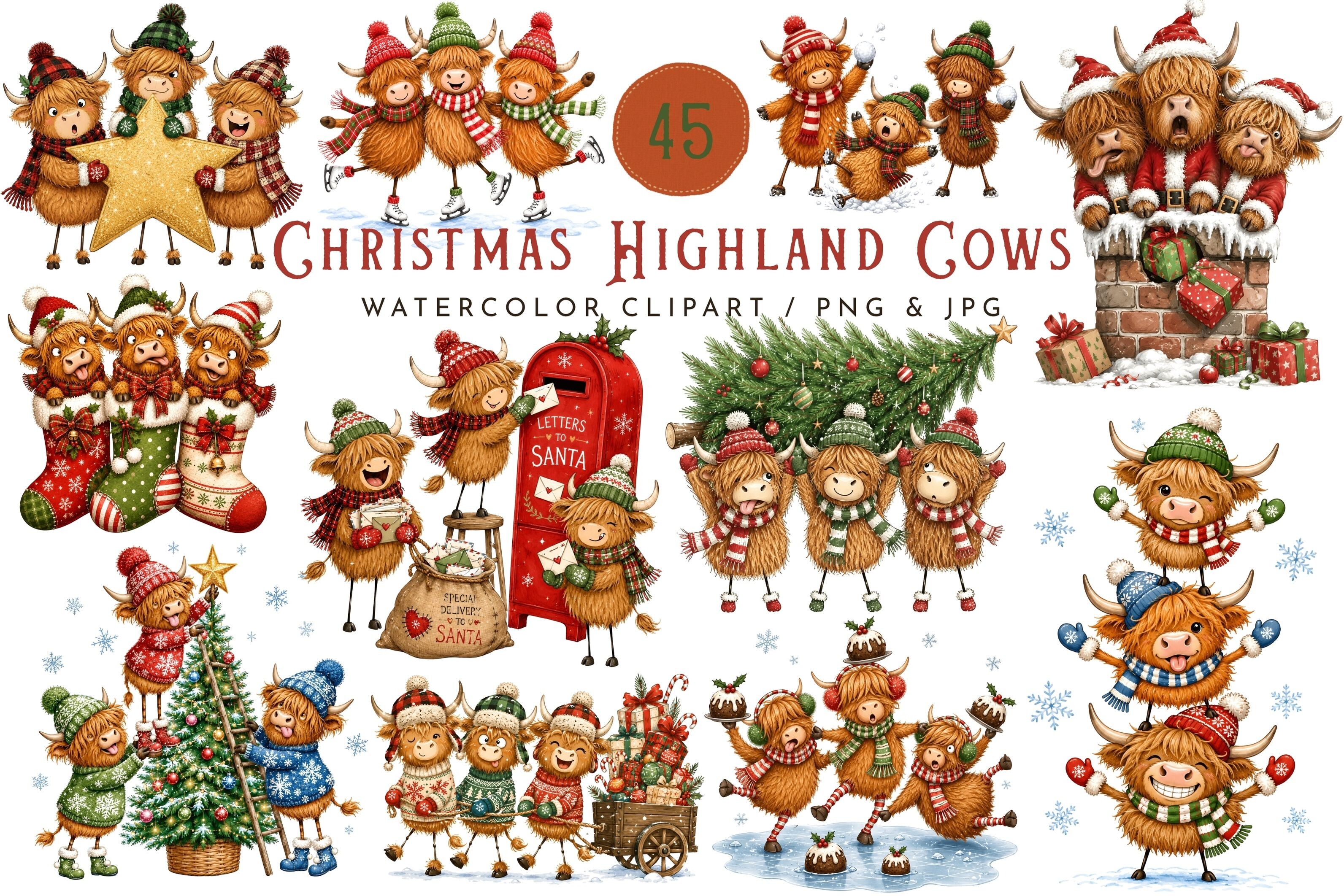 Whimsical Christmas Highland Cows Png