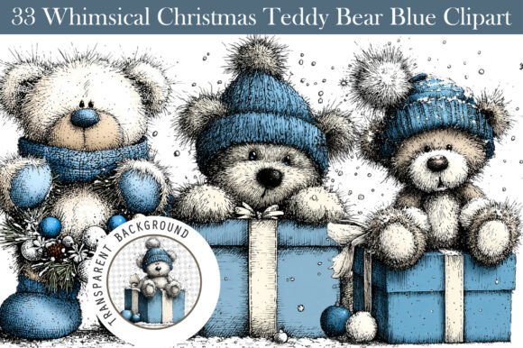 Whimsical Christmas Teddy Bear Blue Clip
