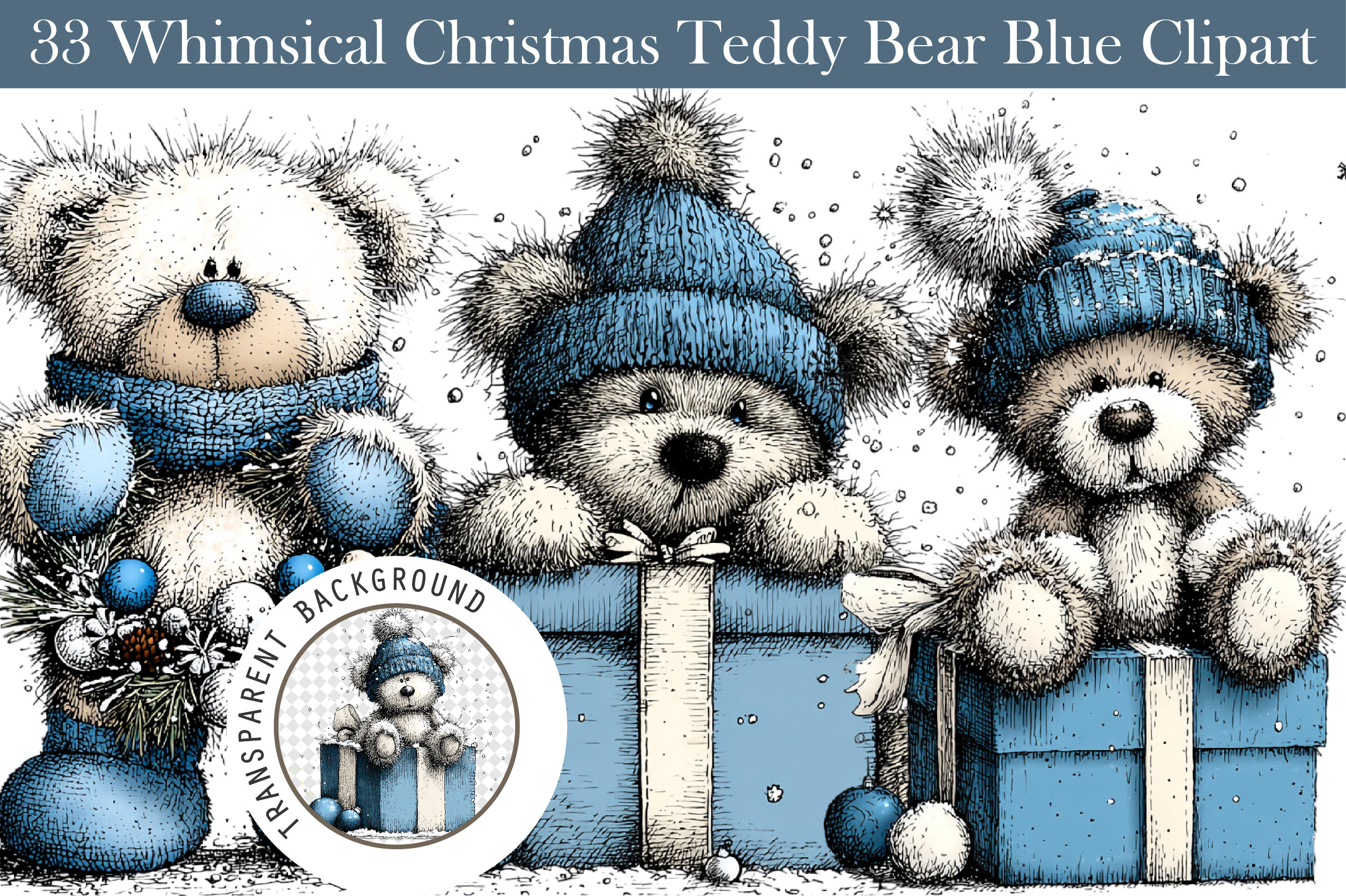Whimsical Christmas Teddy Bear Blue Clip