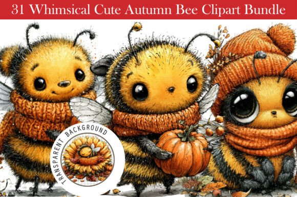 Whimsical Cute Autumn Bee Clipart Bundle