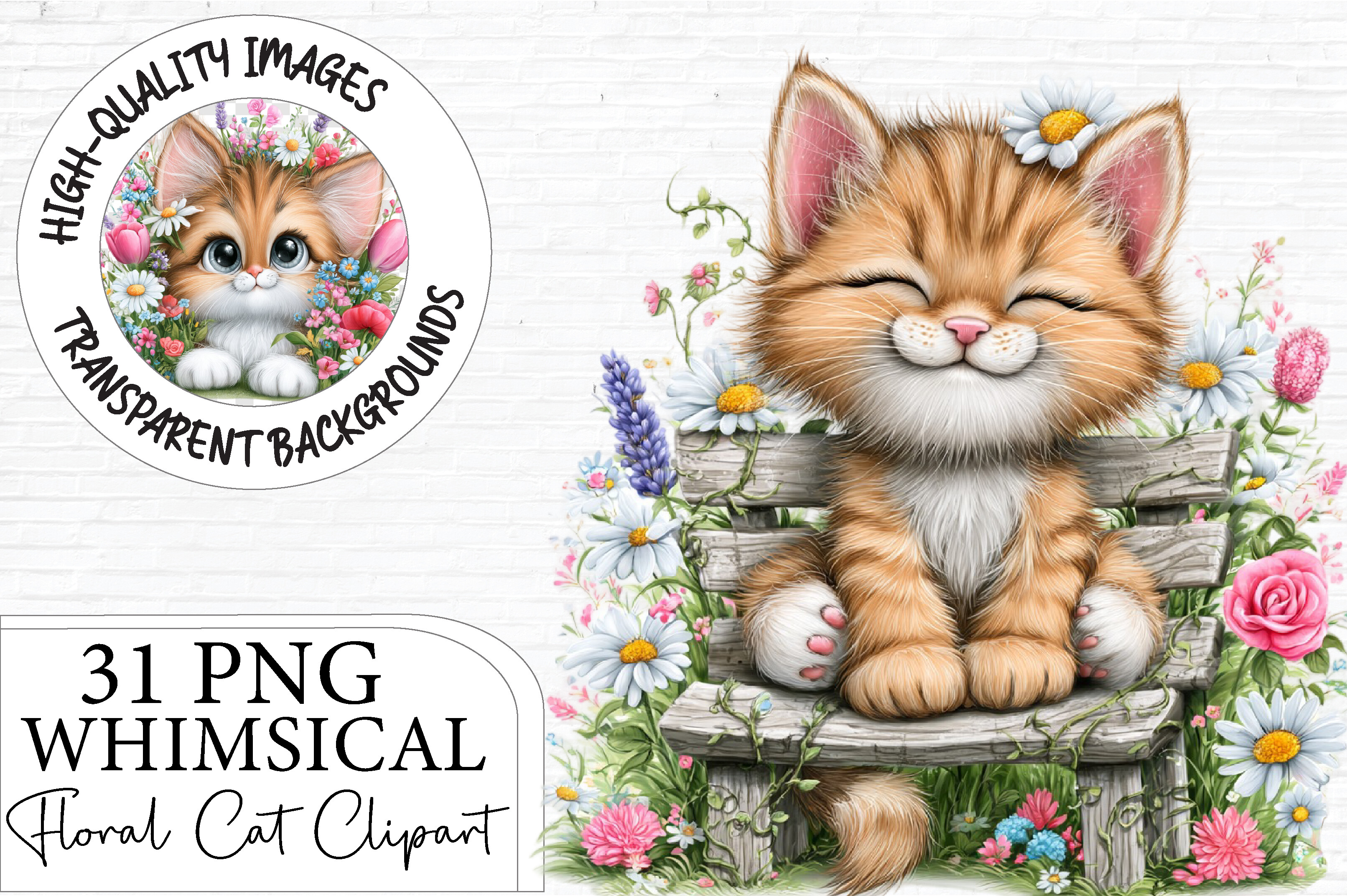 Whimsical Floral Cat Clipart Bundle