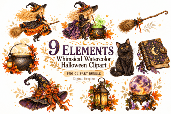 Whimsical Halloween Watercolor Clipart