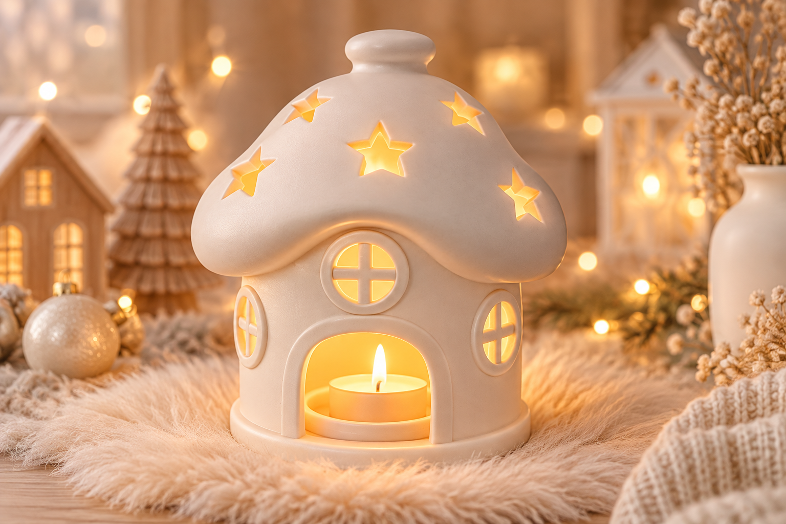 3D STL Cozy Mushroom House Tealight - Printable Fairy Cottage Lantern - Image 4