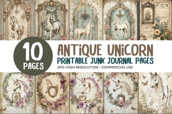 Antique Unicorn Junk Journal Pages