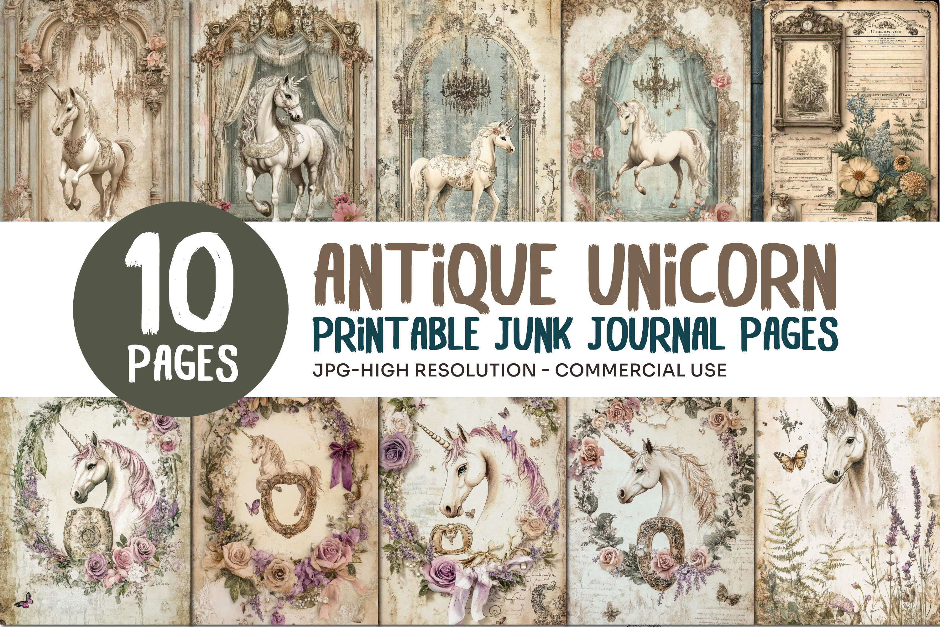 Antique Unicorn Junk Journal Pages