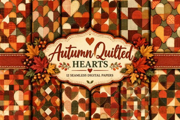 Autumn Quilted Hearts Digital Papers