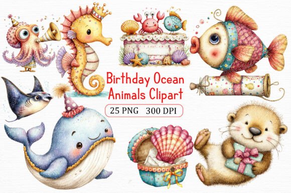 Birthday Ocean Animals Clipart Bundle