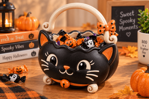 Black Cat Halloween Basket STL – 3D Printable Candy Holder - Image 1