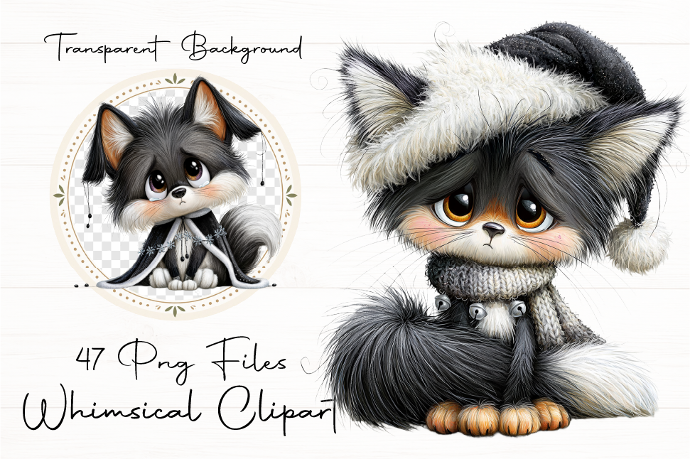 Black White Christmas Fox Clipart