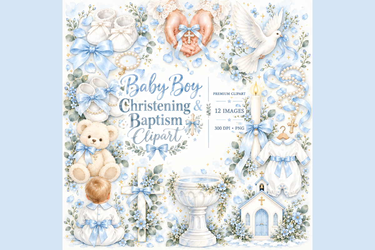 Boys Baptism Christening Clipart Set