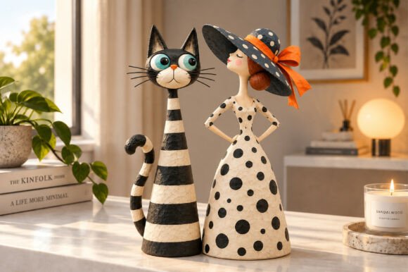 Cat & Cat Lady Figurine STL – 3D Printable Polka-Dot Decor Model - Image 2