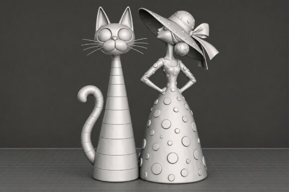 Cat & Cat Lady Figurine STL – 3D Printable Polka-Dot Decor Model - Image 3