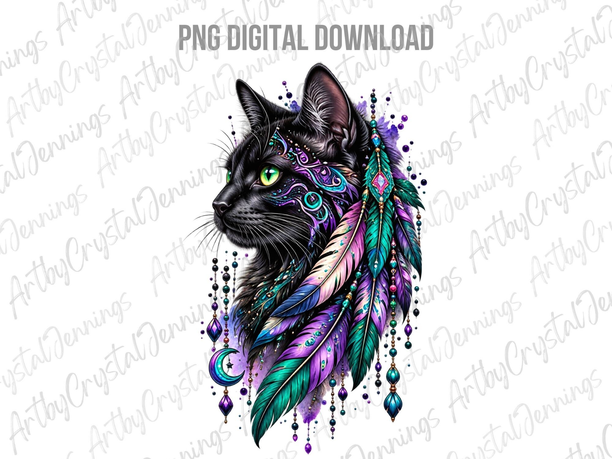 Celestial Boho Cat Feathers Moon PNG