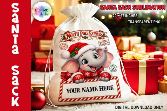 Christmas Elephant Santa Sack PNG