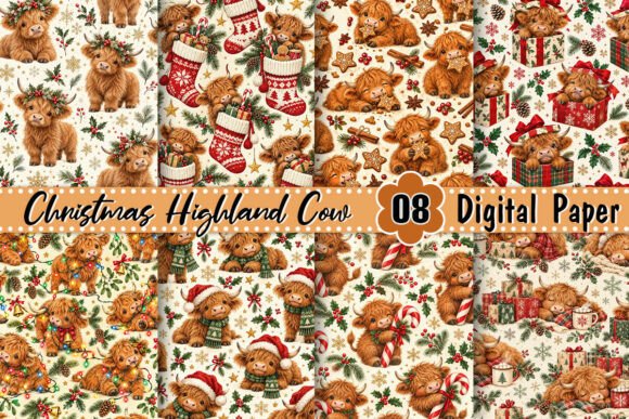 Christmas Highland Cow Digital Paper
