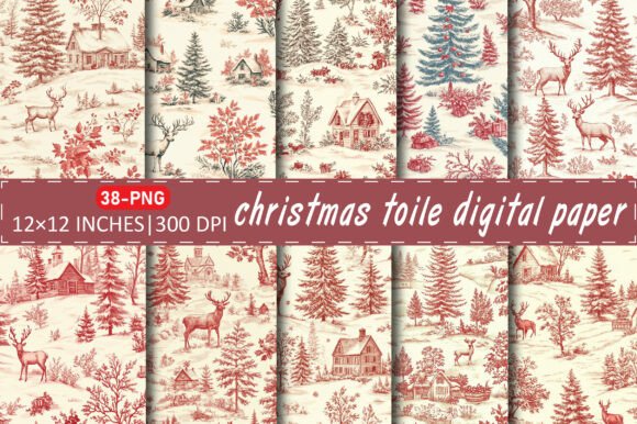 Christmas Toile Digital Paper Bundle