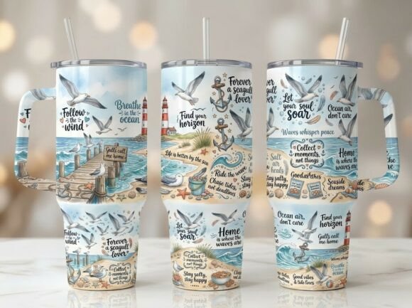 Coastal Seagull Ocean Quote Tumbler PNG