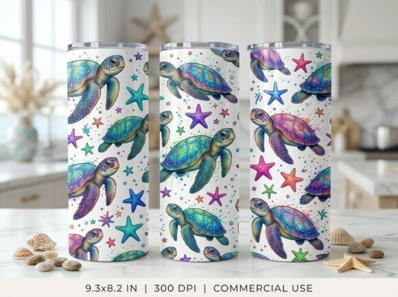 Colorful Sea Turtle Starfish Tumbler PNG