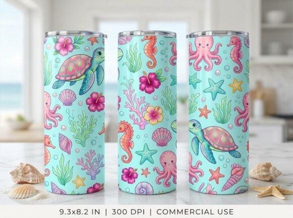 Colorful Tropical Sea Turtle Tumbler PNG