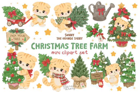 Cute Christmas Tree Farm Cat Clipart