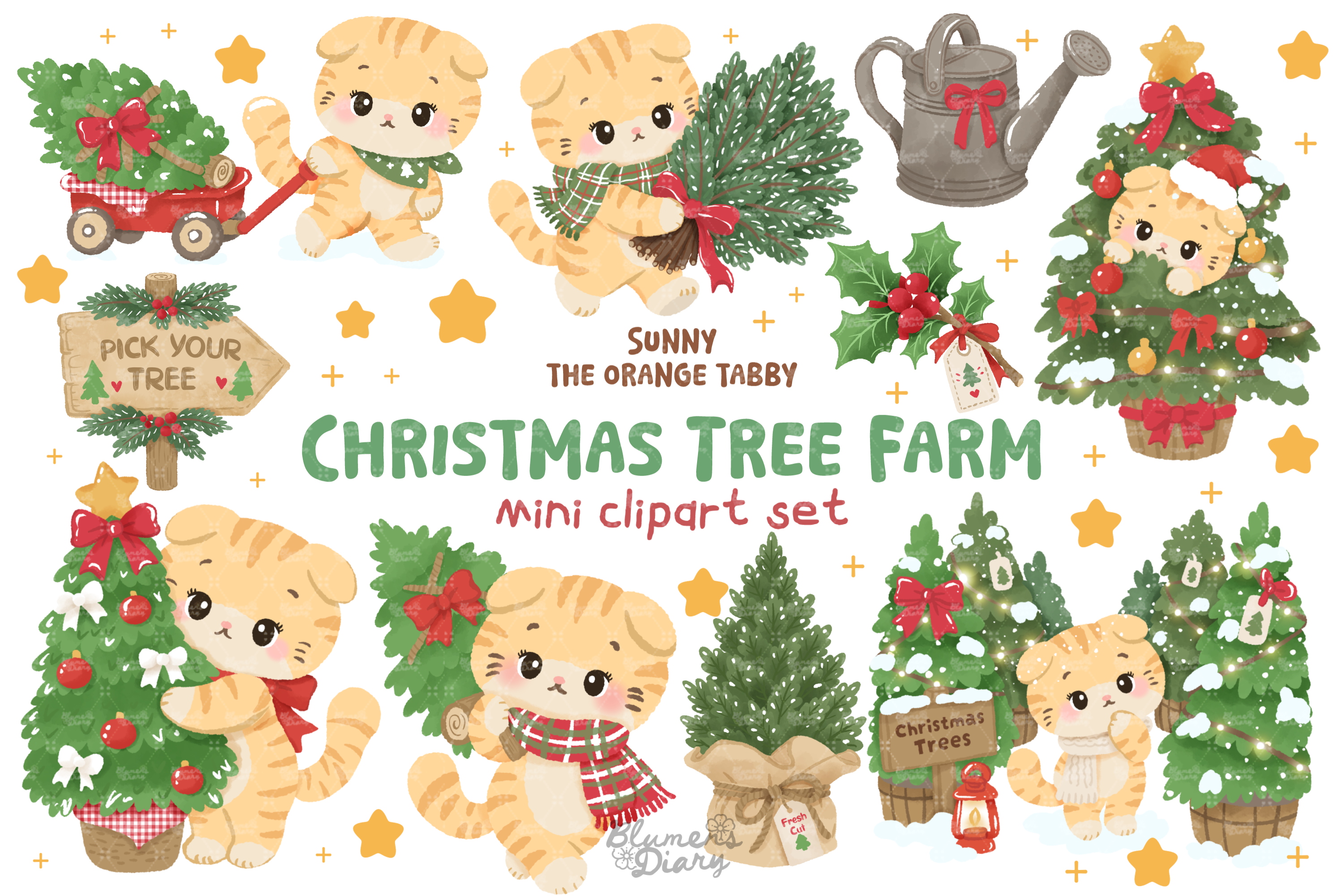 Cute Christmas Tree Farm Cat Clipart