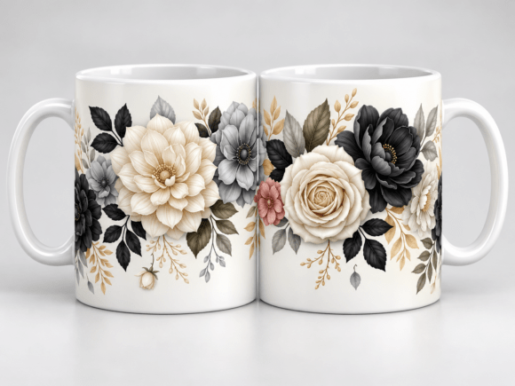 Elegant Realistic Gray Floral Mug Design Graphics