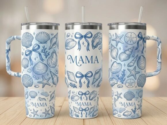Elegant Seashell Ocean Mama Tumbler PNG