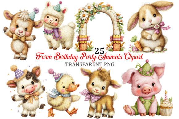 Farm Birthday Animals Clipart PNG Set