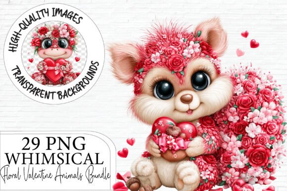 Floral Valentine Animals Clipart Bundle