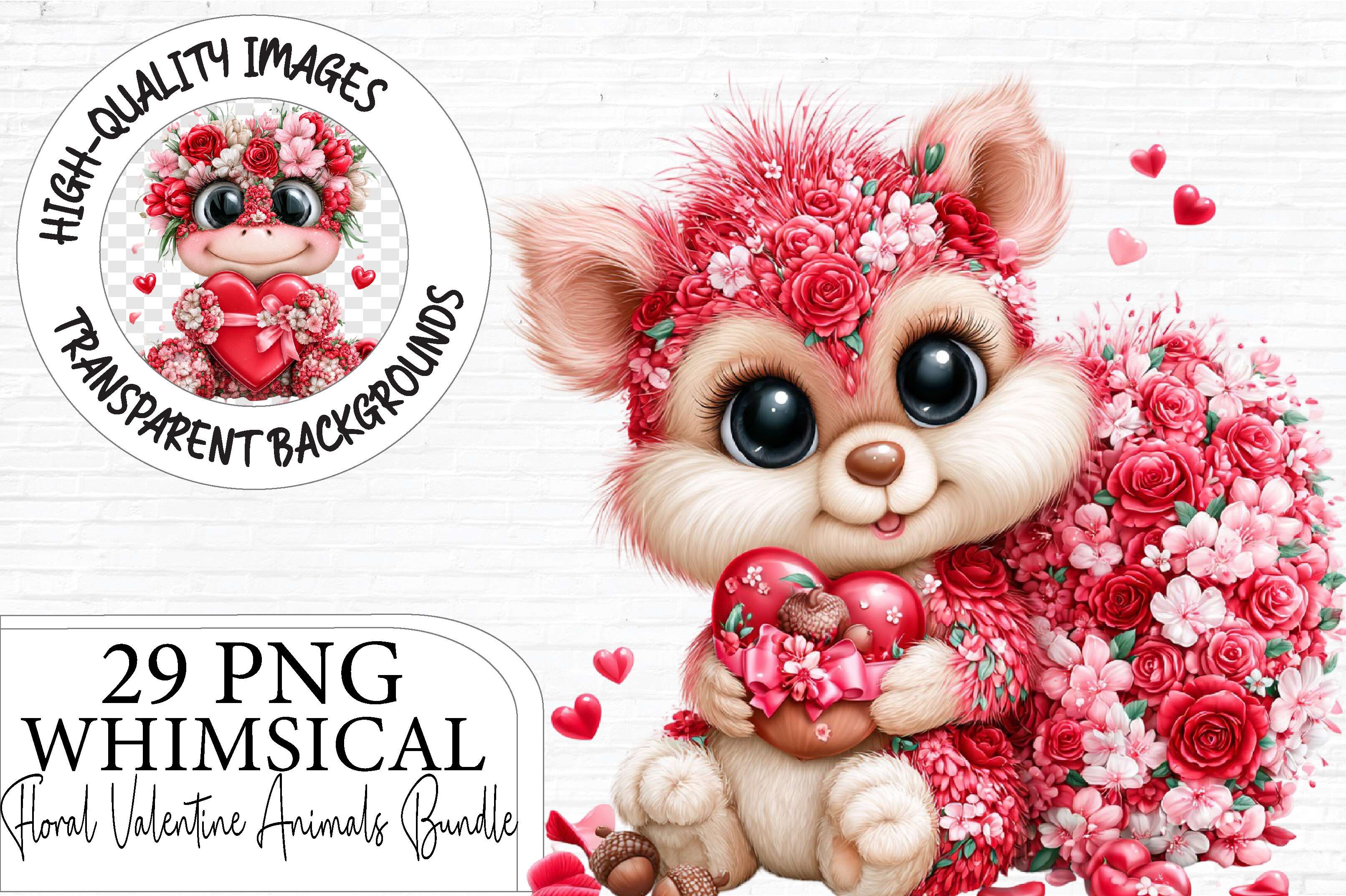 Floral Valentine Animals Clipart Bundle