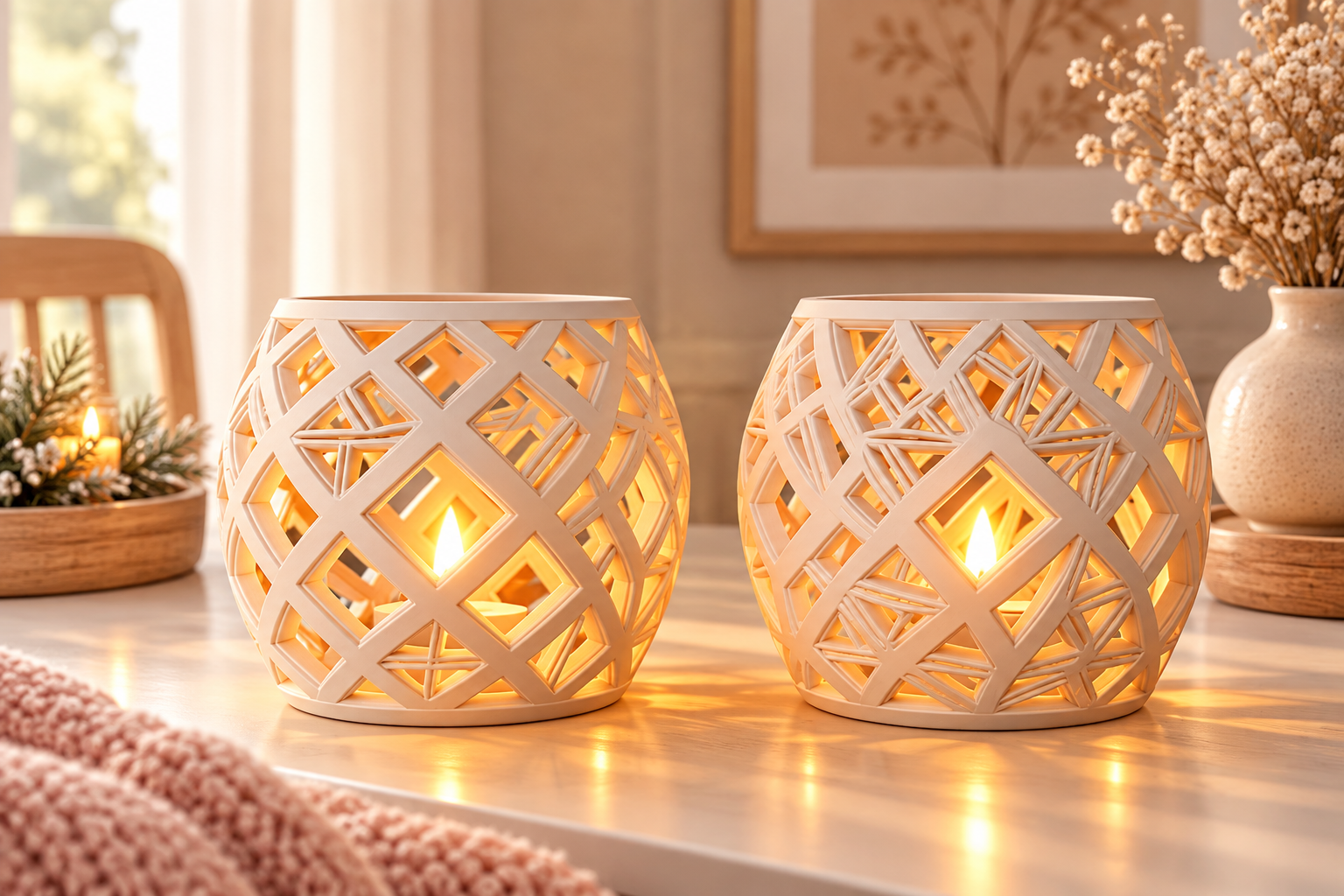 Geometric Lattice Lantern Duo 3D Printable Design - Set of 2 Decorative Candle Holders - Image 5