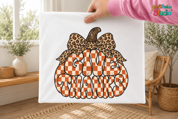 Give Thanks Checkered Pumpkin Bow Png Graphics