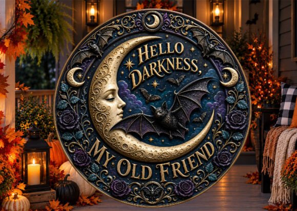 Gothic Bat Moon Halloween Door Sign PNG