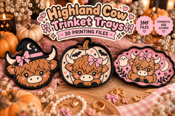 Highland Cow Trinket Tray Set | 3 Halloween 3MF Files for 3D Printing - Image 1