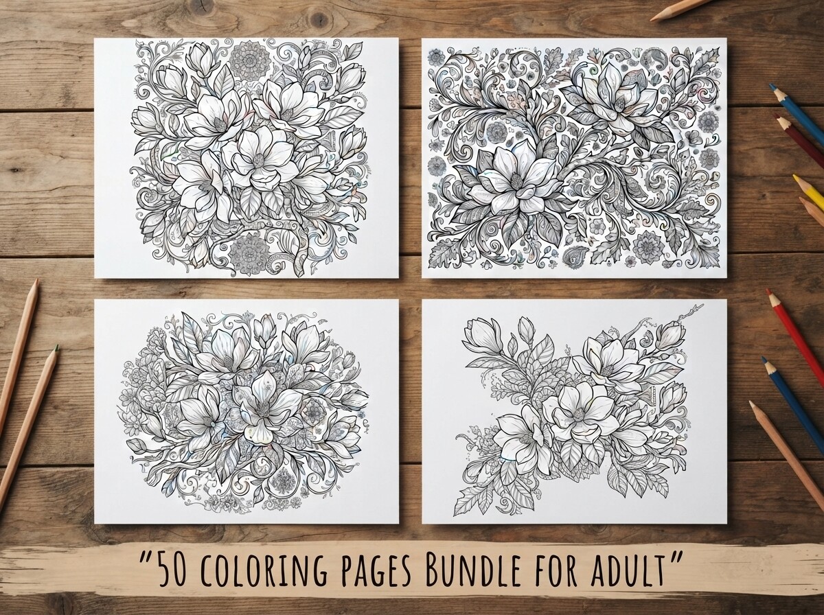 Magnolia Floral Coloring Pages Bundle