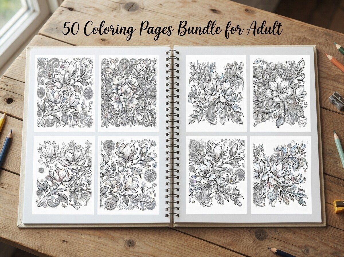 Magnolia Floral Coloring Pages Bundle