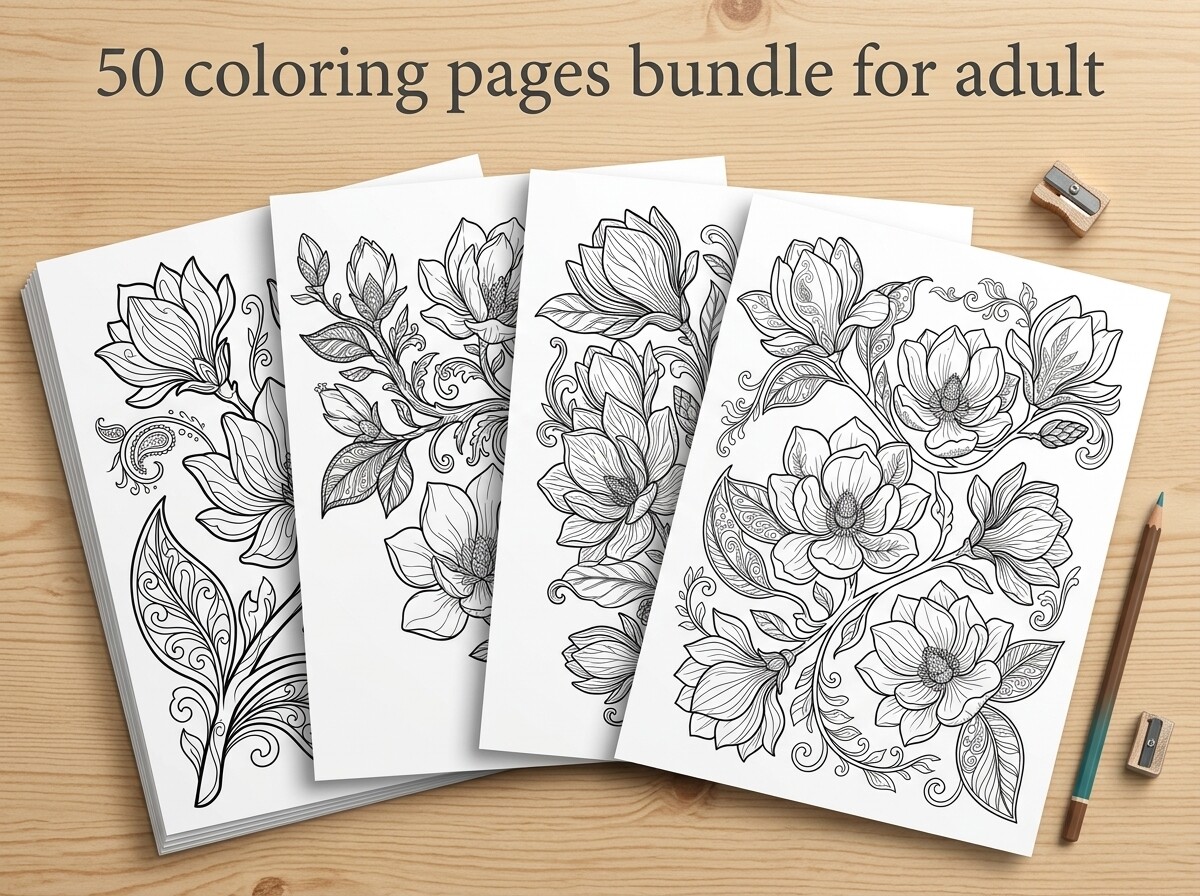 Magnolia Floral Coloring Pages Bundle