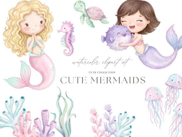Mermaid & Sea Animals Watercolor Clipart