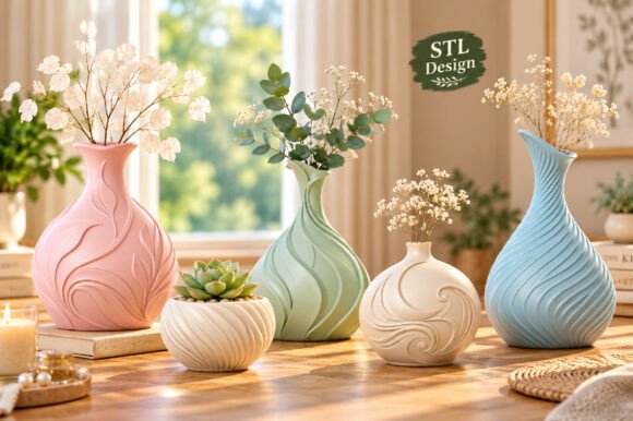 Pastel Decorative Vase STL Set - 5 3D Printable Vase & Planter Models - Image 1