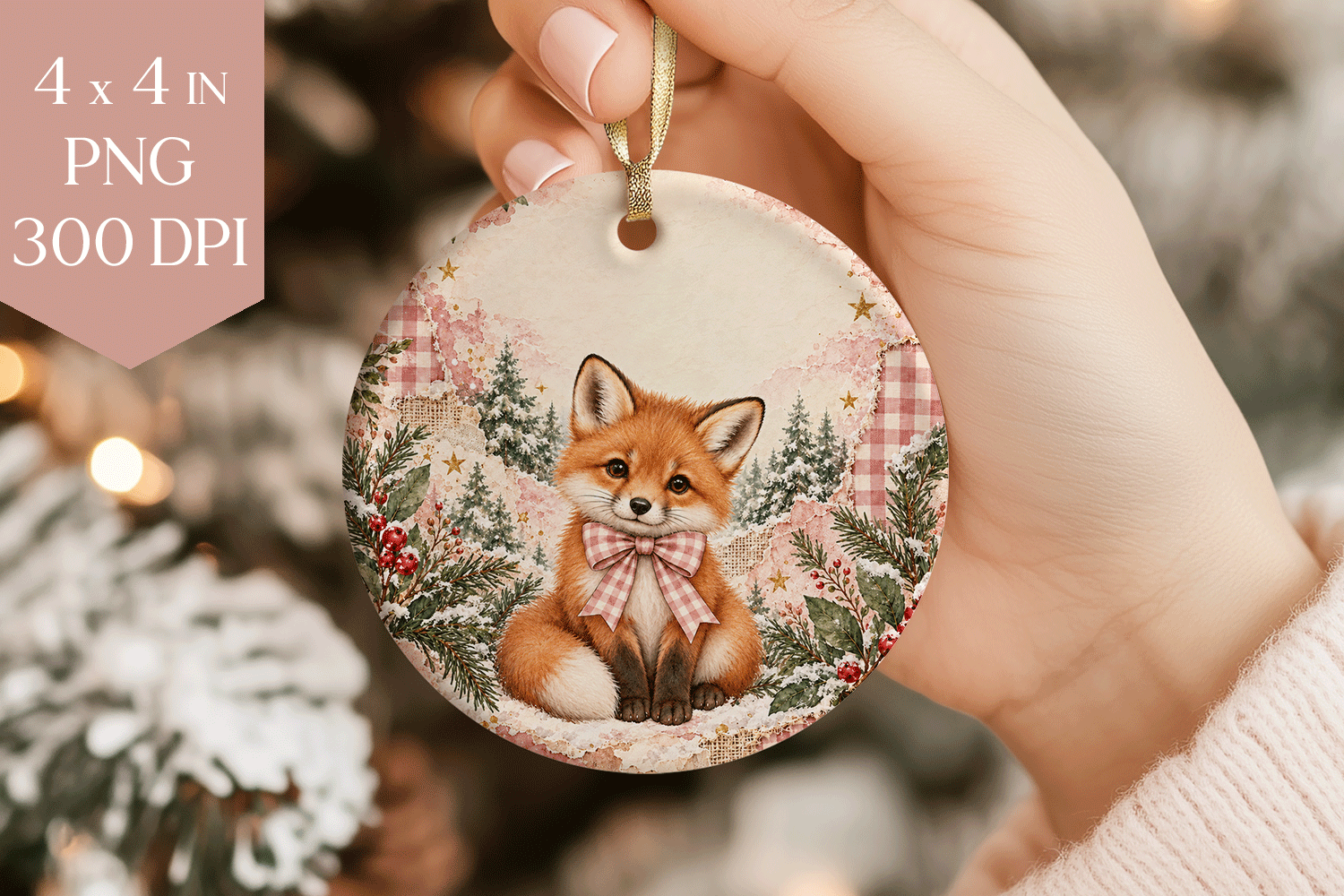 Pink Fox Christmas Ornament PNG