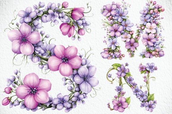 Purple Spring Flower Alphabet PNG Bundle