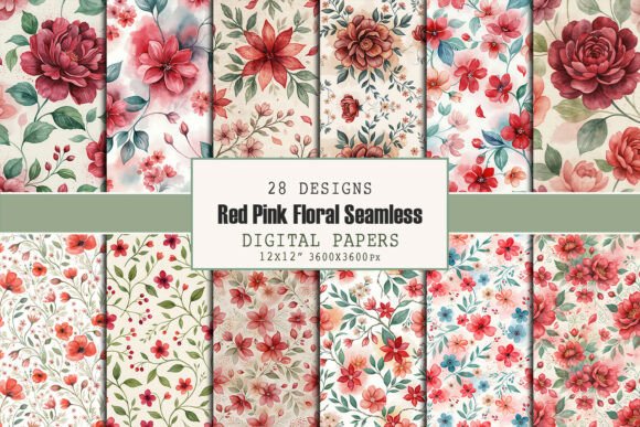 Red Pink Floral Seamless Pattern Bundle