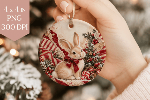 Red Vintage Bunny Christmas Ornament PNG