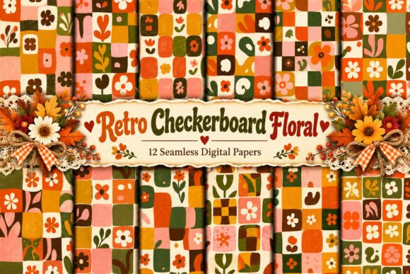Retro Checkerboard Floral Digital Paper