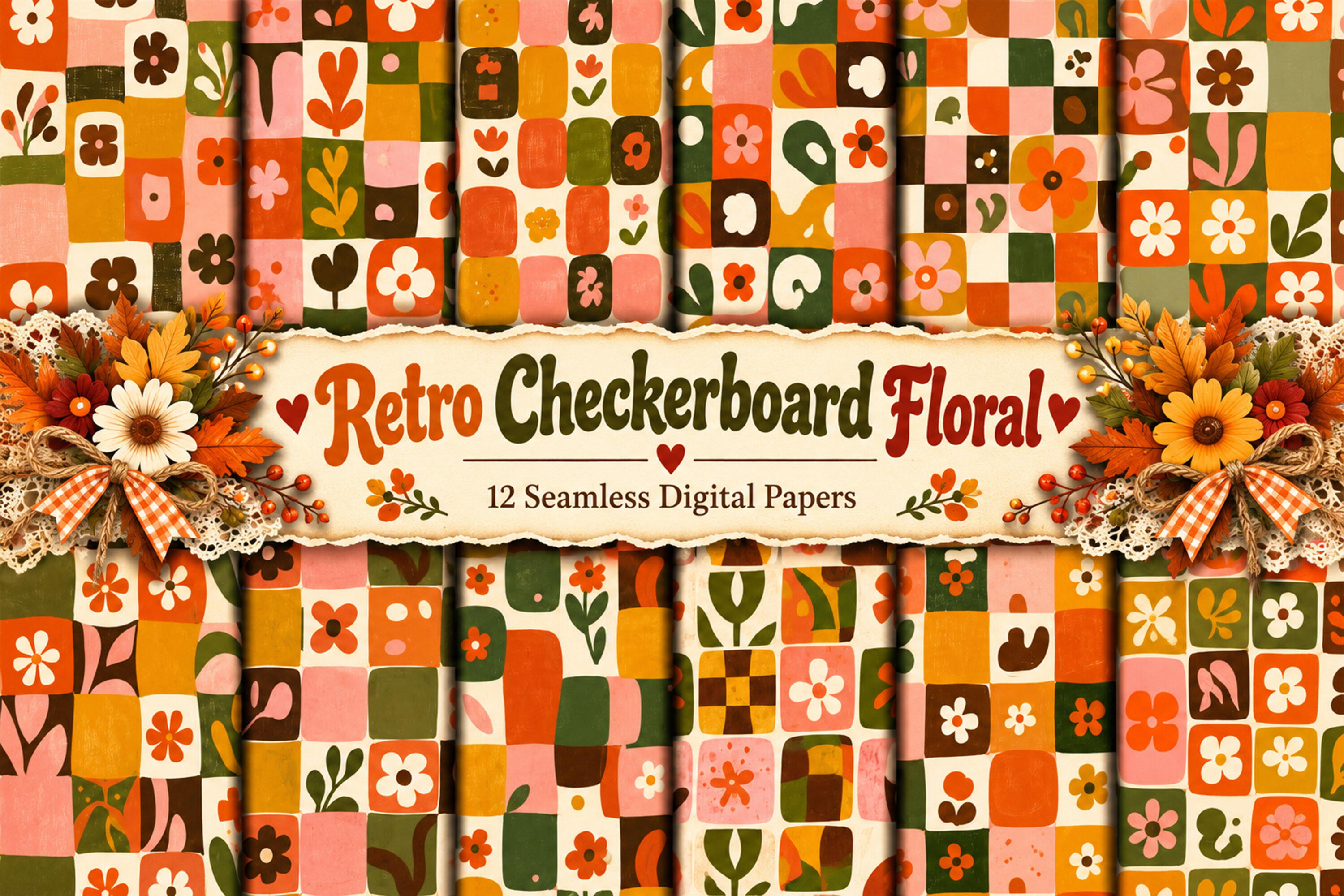 Retro Checkerboard Floral Digital Paper