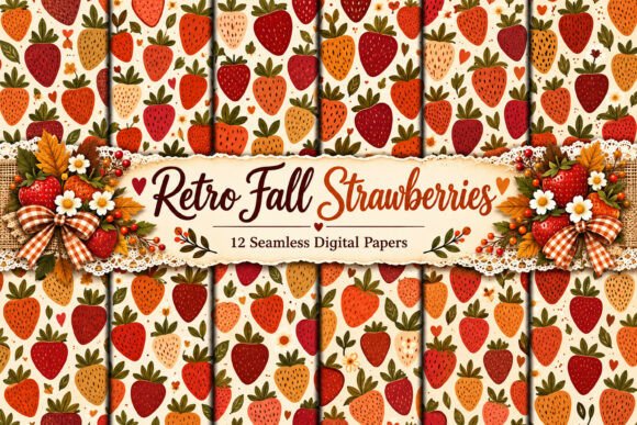 Retro Fall Strawberries Digital Papers